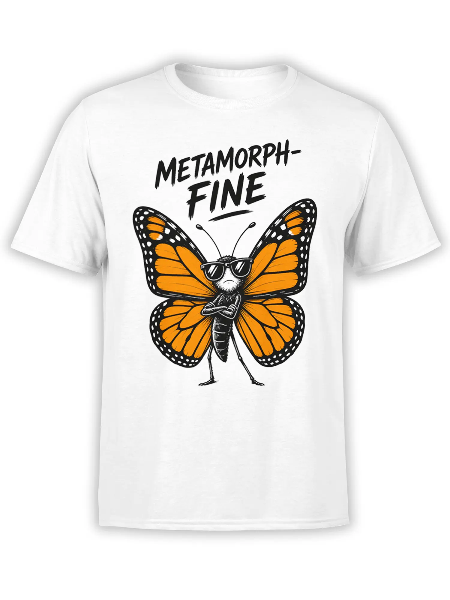White butterfly T-shirt with orange wings, sunglasses, crossed arms, and “METAMORPH- FINE” lettering
