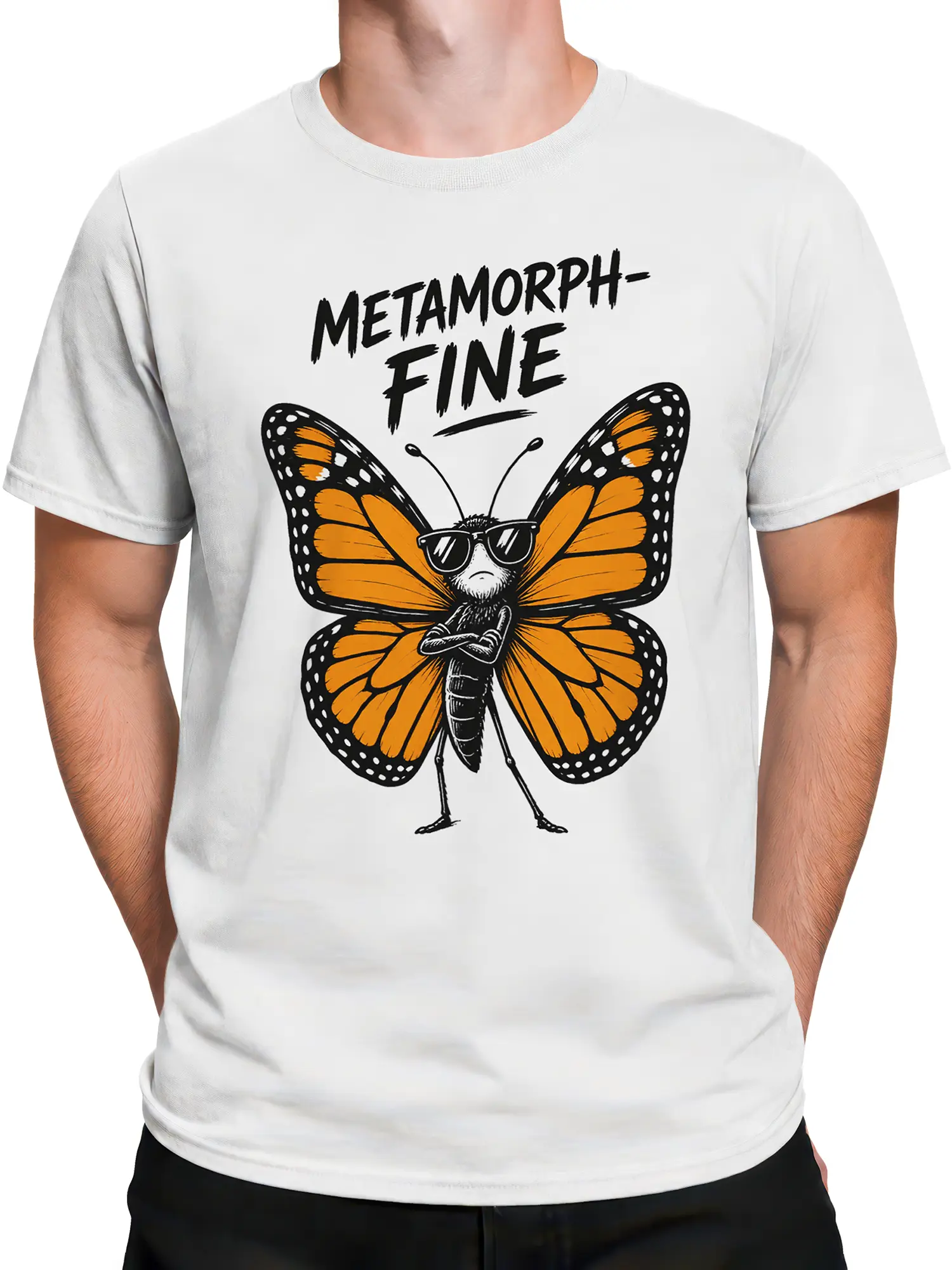 Male torso wearing a white butterfly T-shirt with orange wings and bold black artwork