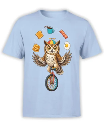 Balancing owl on a unicycle with pancakes, coffee, bacon, toast, and egg on a light blue shirt