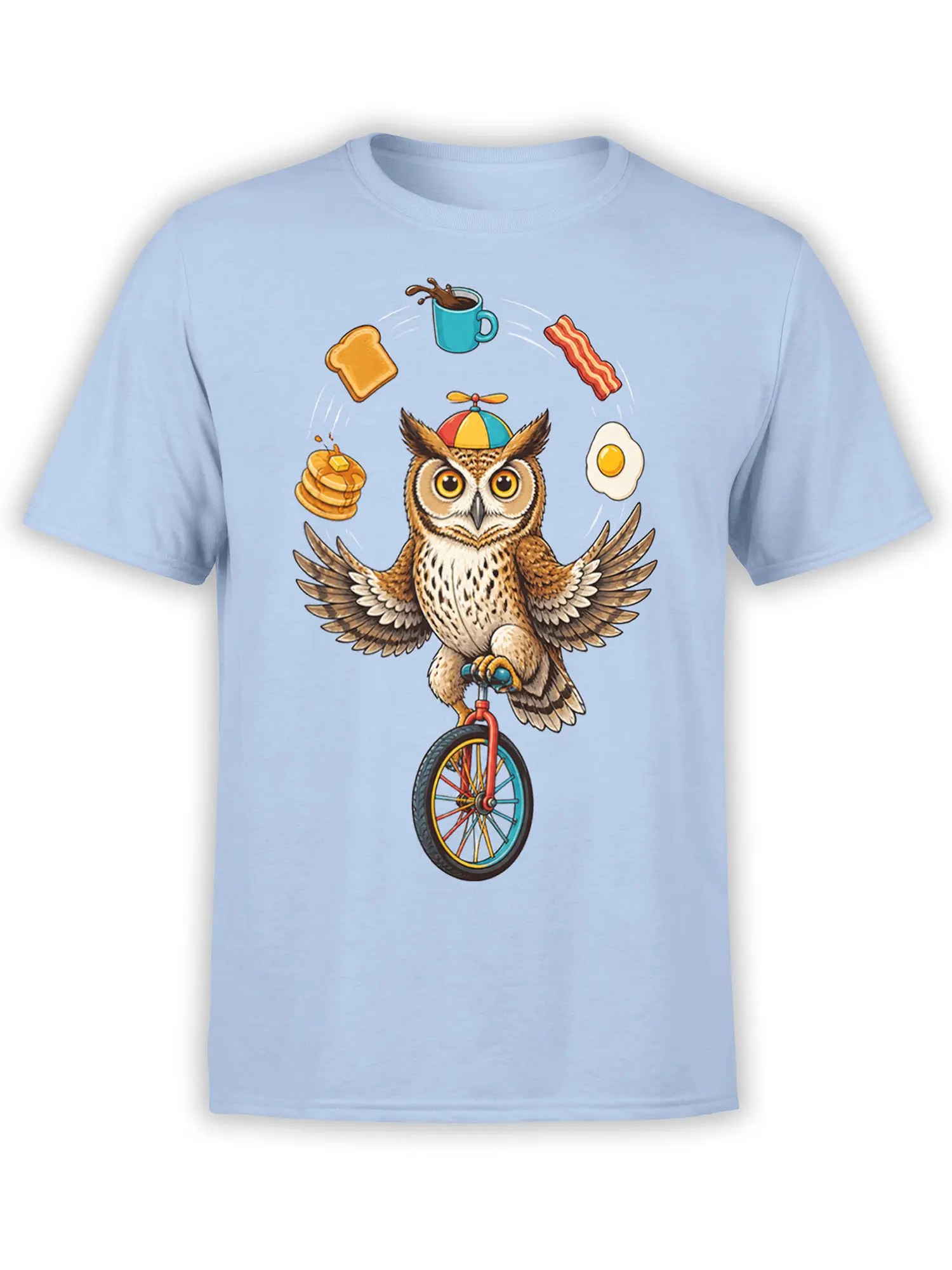 Balancing owl on a unicycle with pancakes, coffee, bacon, toast, and egg on a light blue shirt