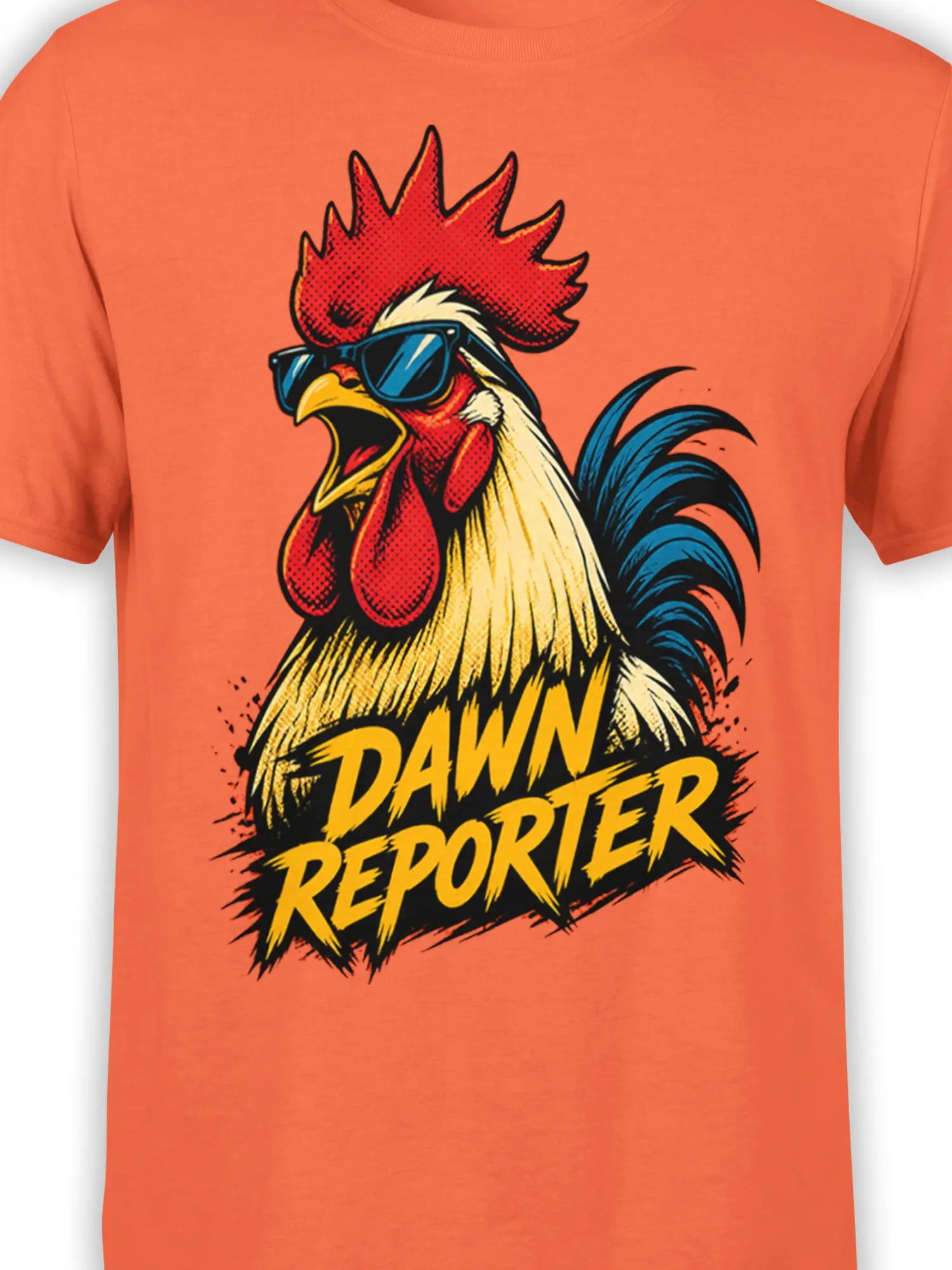 Close-up of the orange shirt graphic showing a rooster in sunglasses and Dawn Reporter text