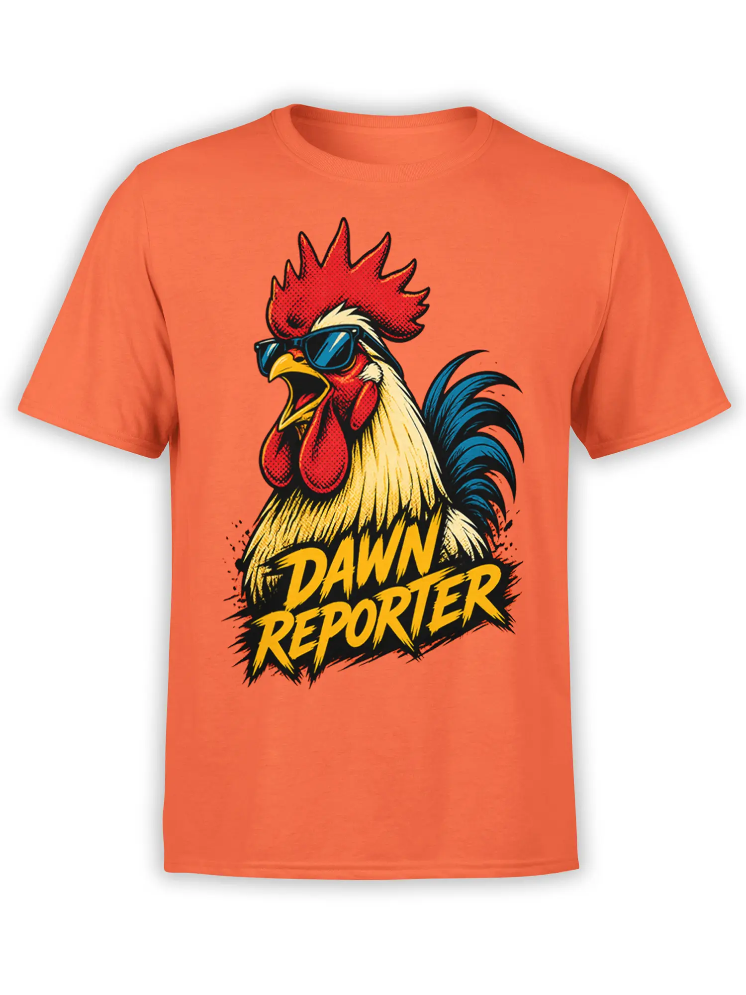 Orange T-shirt with a sunglasses-wearing rooster and bold “Dawn Reporter” graphic