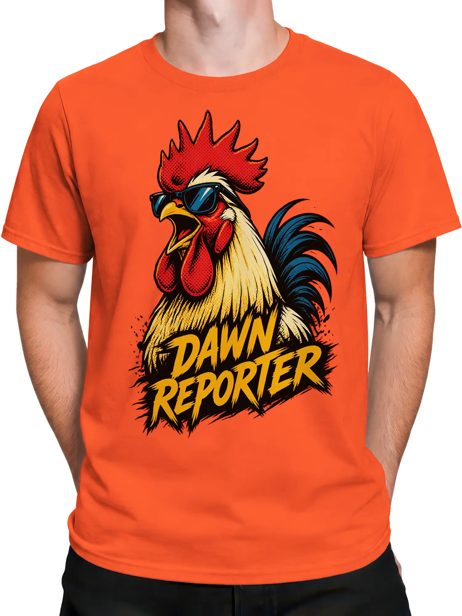 Male torso wearing an orange rooster T-shirt with a bold Dawn Reporter graphic