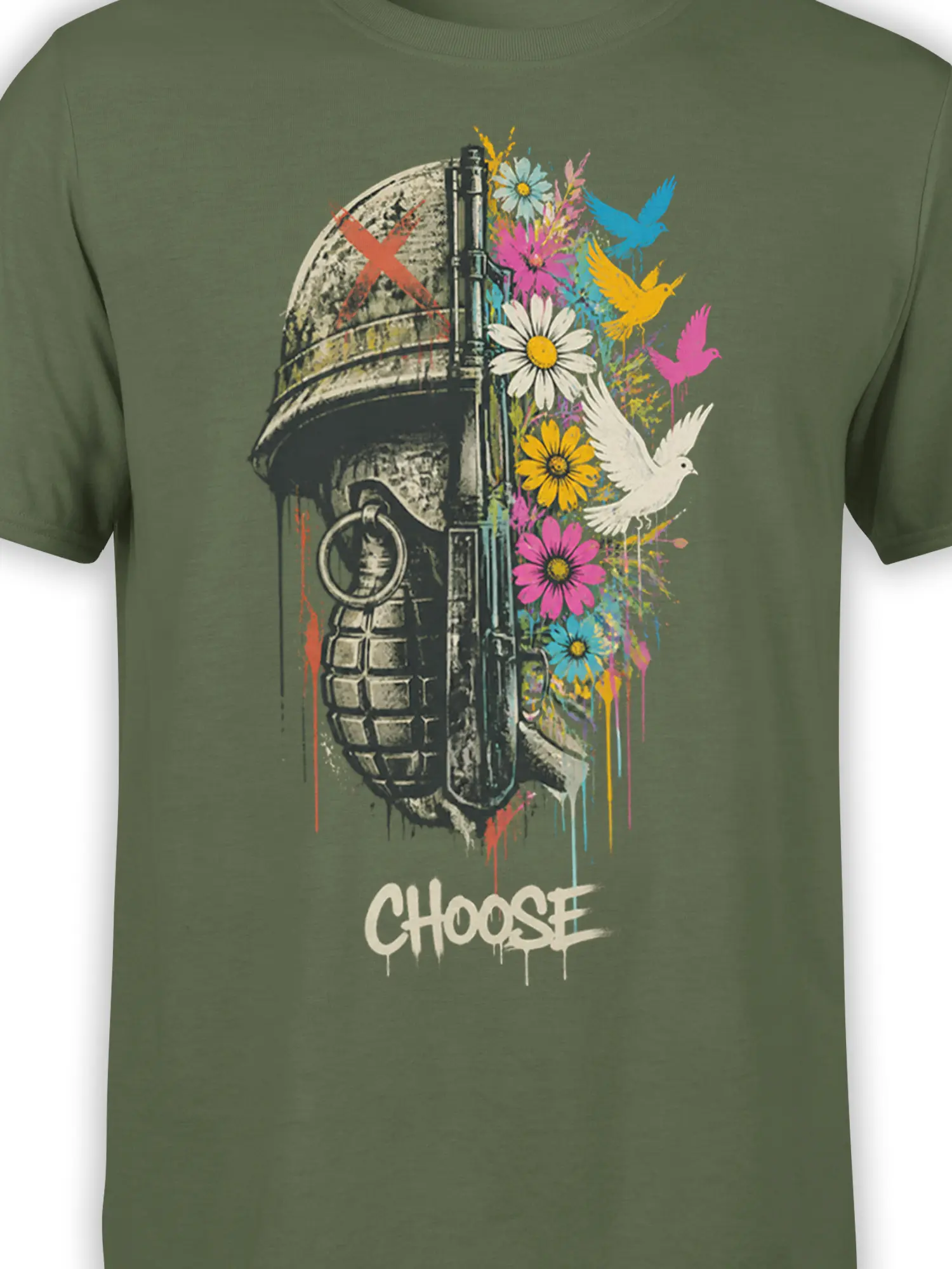 Close-up of grenade and rifle beside bright flowers and birds on a green anti-war graphic T-shirt
