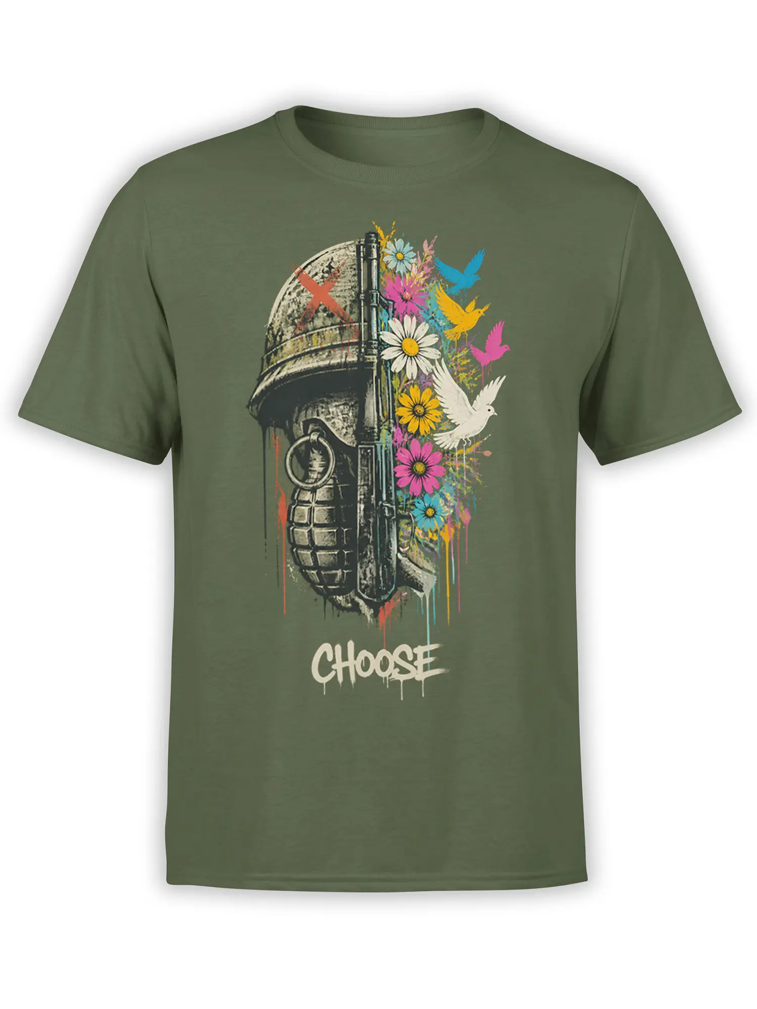 Anti-war green T-shirt with grenade, rifle, colorful flowers, flying birds, and CHOOSE graphic