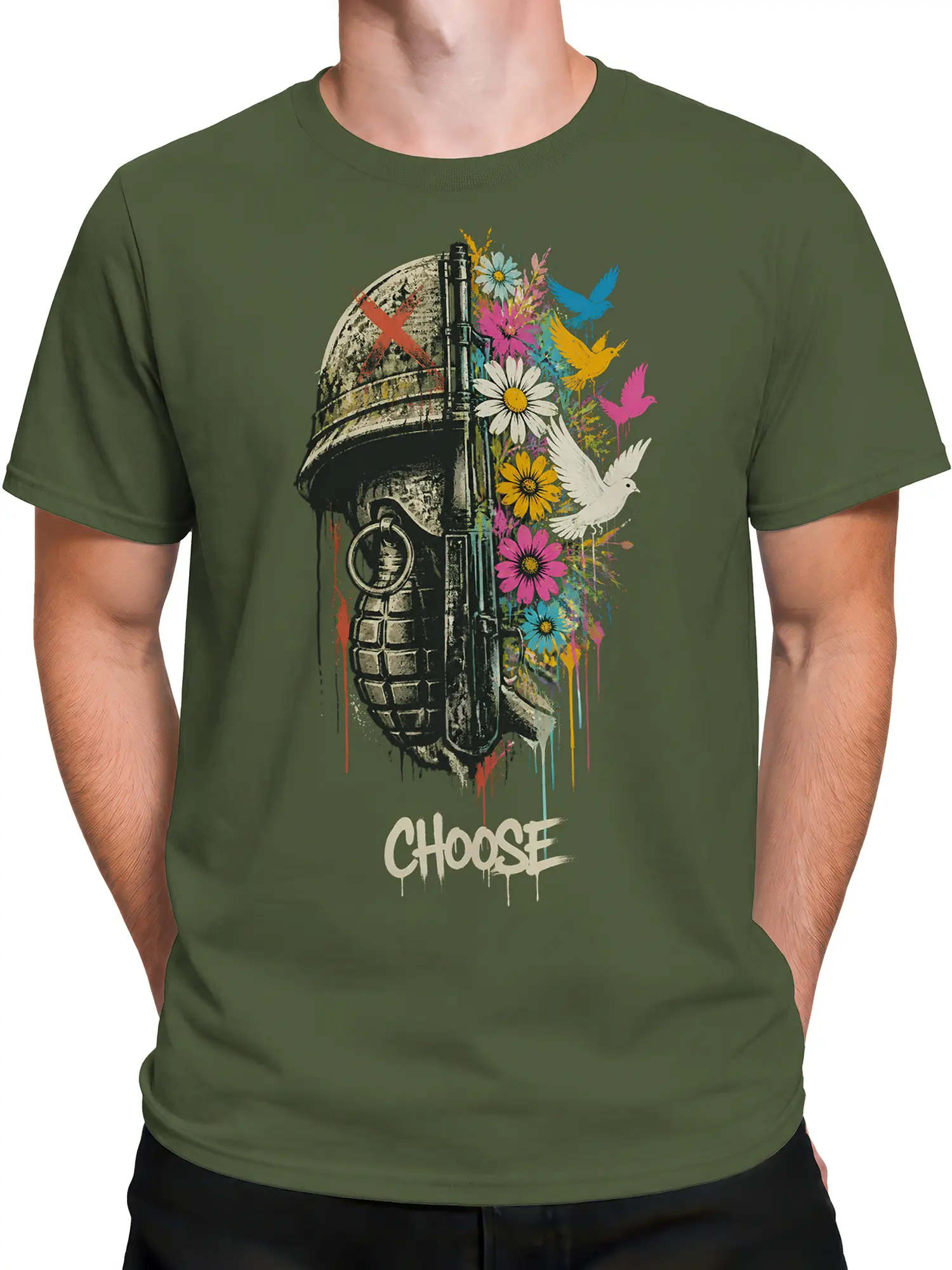 Male torso wearing a green graphic T-shirt with anti-war imagery, flowers, birds, and CHOOSE text