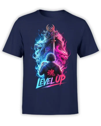 Neon samurai gaming design with dragon-like creatures and LEVEL UP text on a navy T-shirt