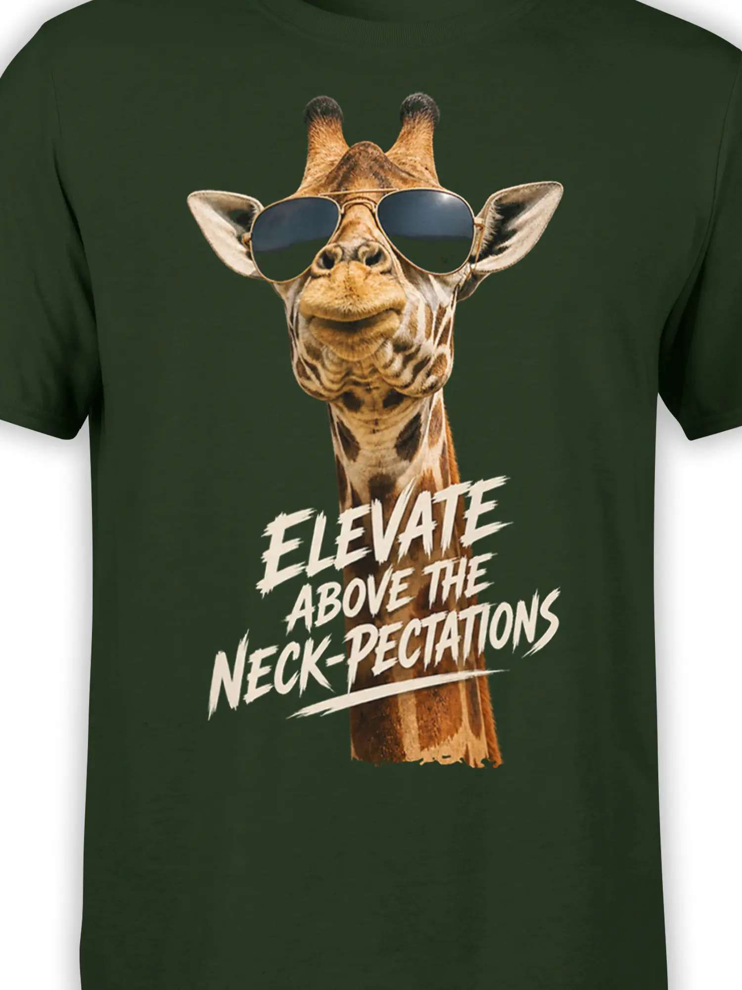 Close-up of a sunglasses-wearing giraffe and witty cream lettering on a dark green graphic tee