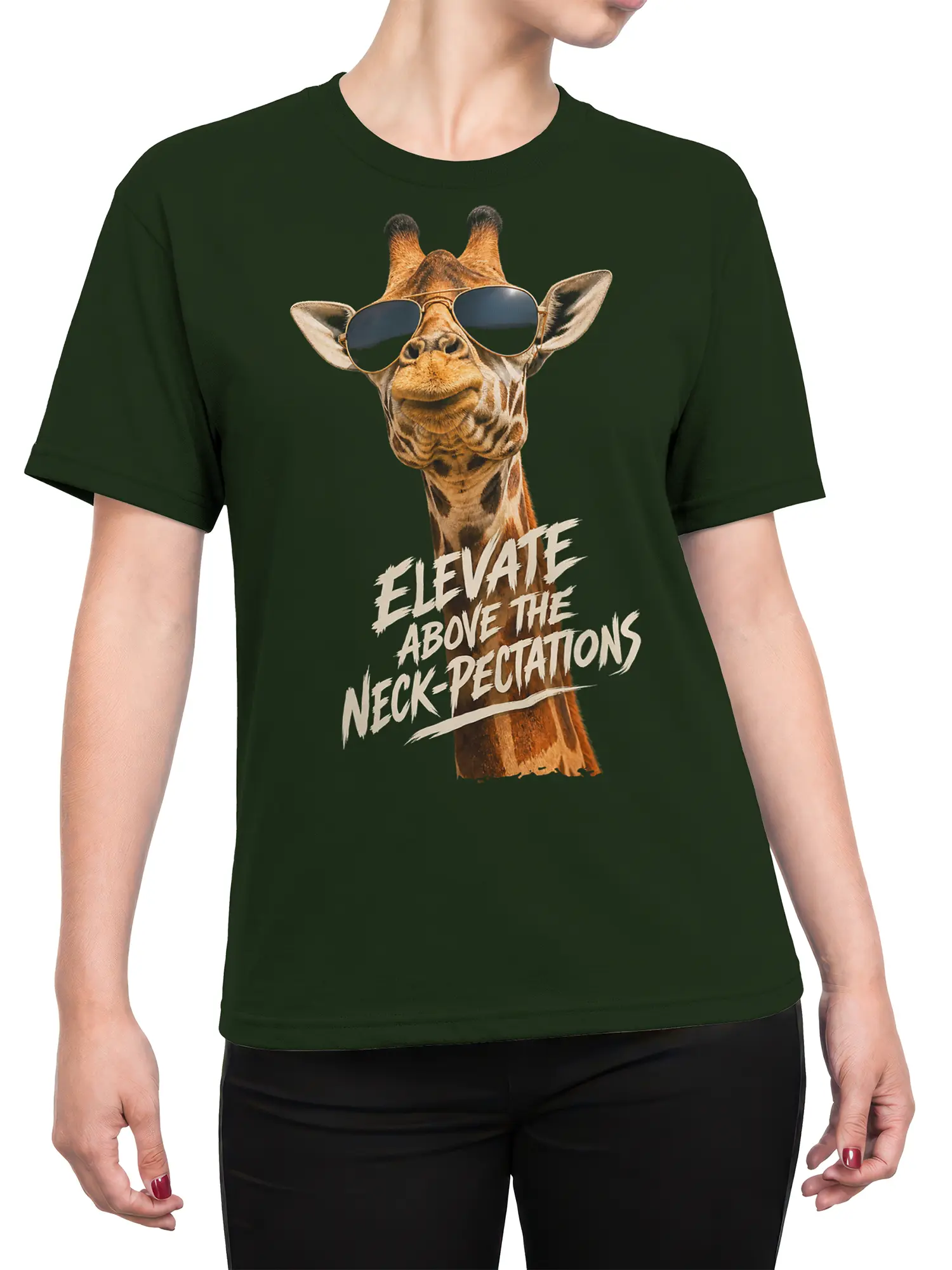 Female torso wearing a dark green giraffe T-shirt with sunglasses and “Elevate Above the Neck-pectations” design