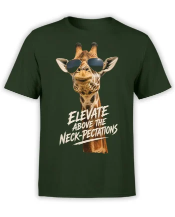 Giraffe wearing sunglasses on a dark green T-shirt with “Elevate Above the Neck-pectations” text