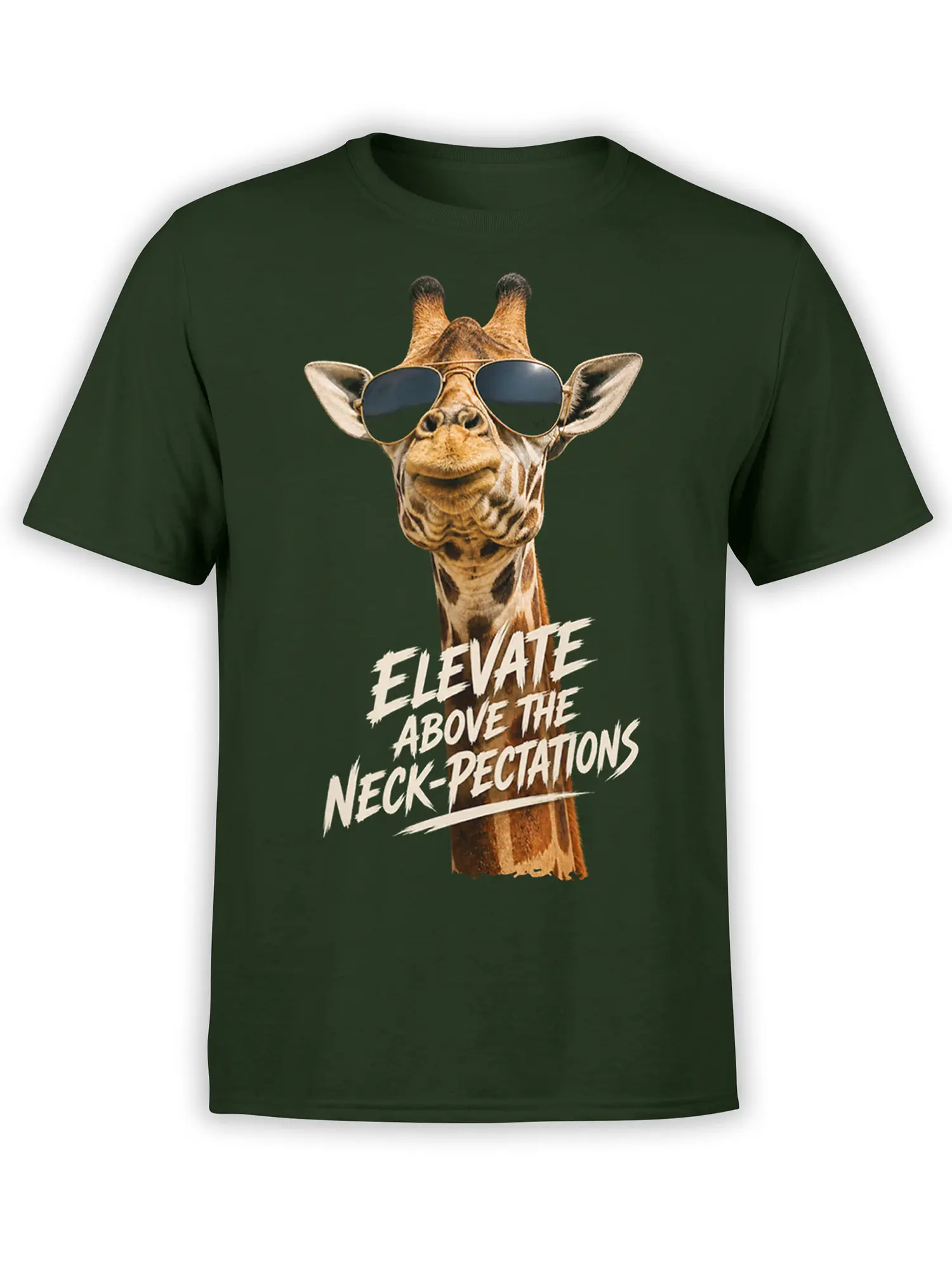 Giraffe wearing sunglasses on a dark green T-shirt with “Elevate Above the Neck-pectations” text