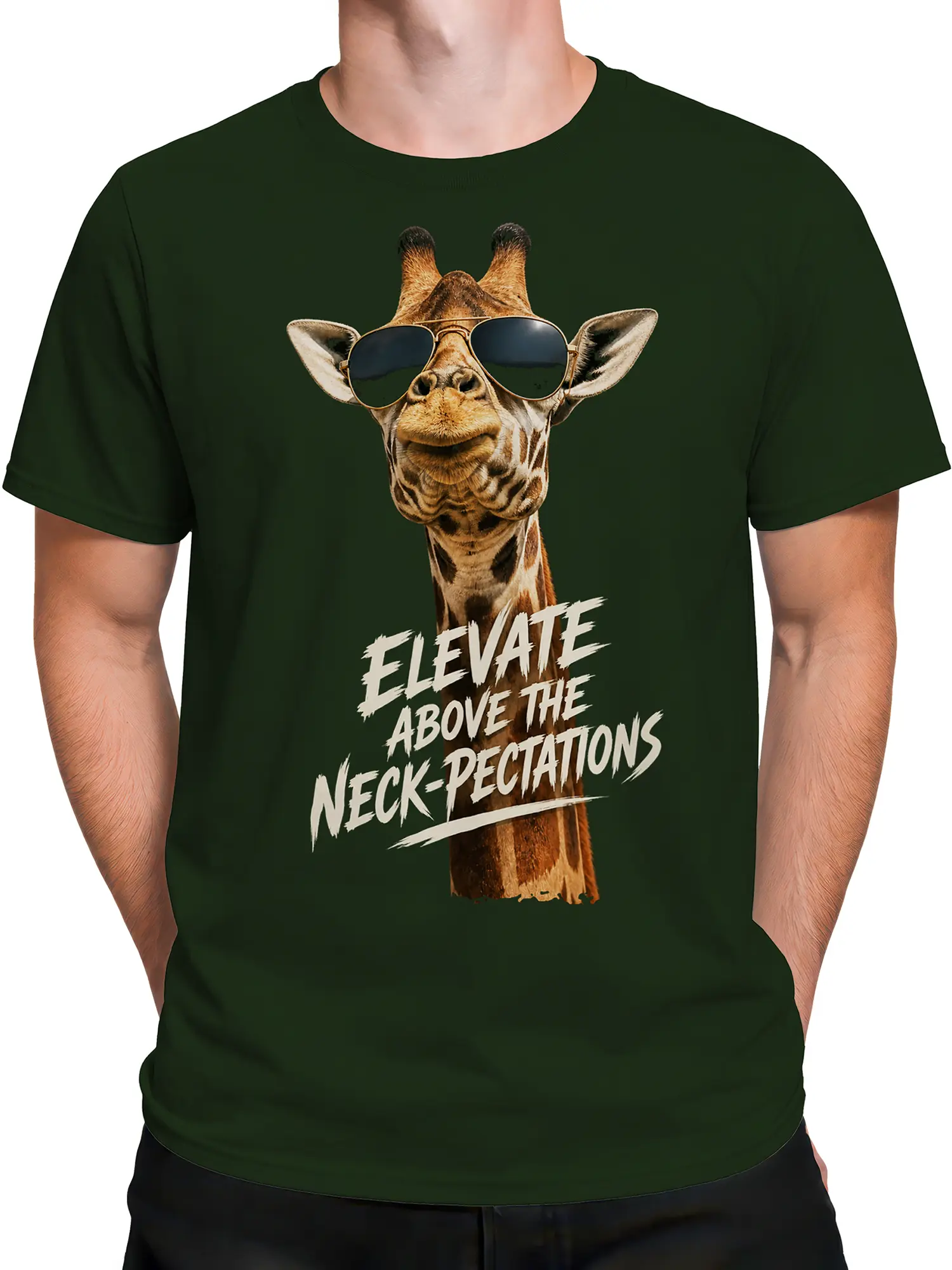 Male torso wearing a dark green giraffe graphic T-shirt with sunglasses and a witty neck pun