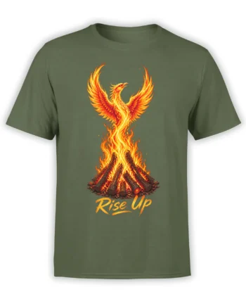 Fiery phoenix rising from a campfire with Rise Up lettering on an olive green graphic T-shirt