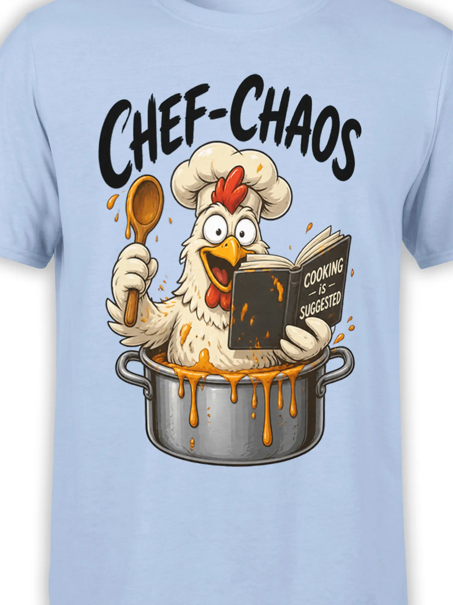 Close-up of cartoon chicken chef, wooden spoon, recipe book, and CHEF-CHAOS design on light blue fabric