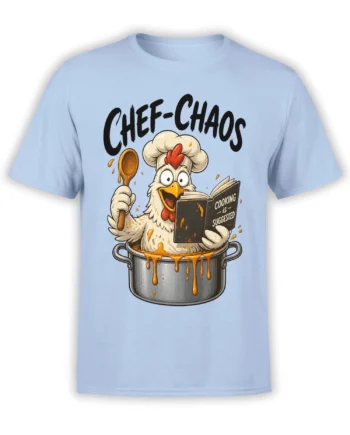 Light blue chicken chef T-shirt with spoon, recipe book, cooking pot, and CHEF-CHAOS lettering