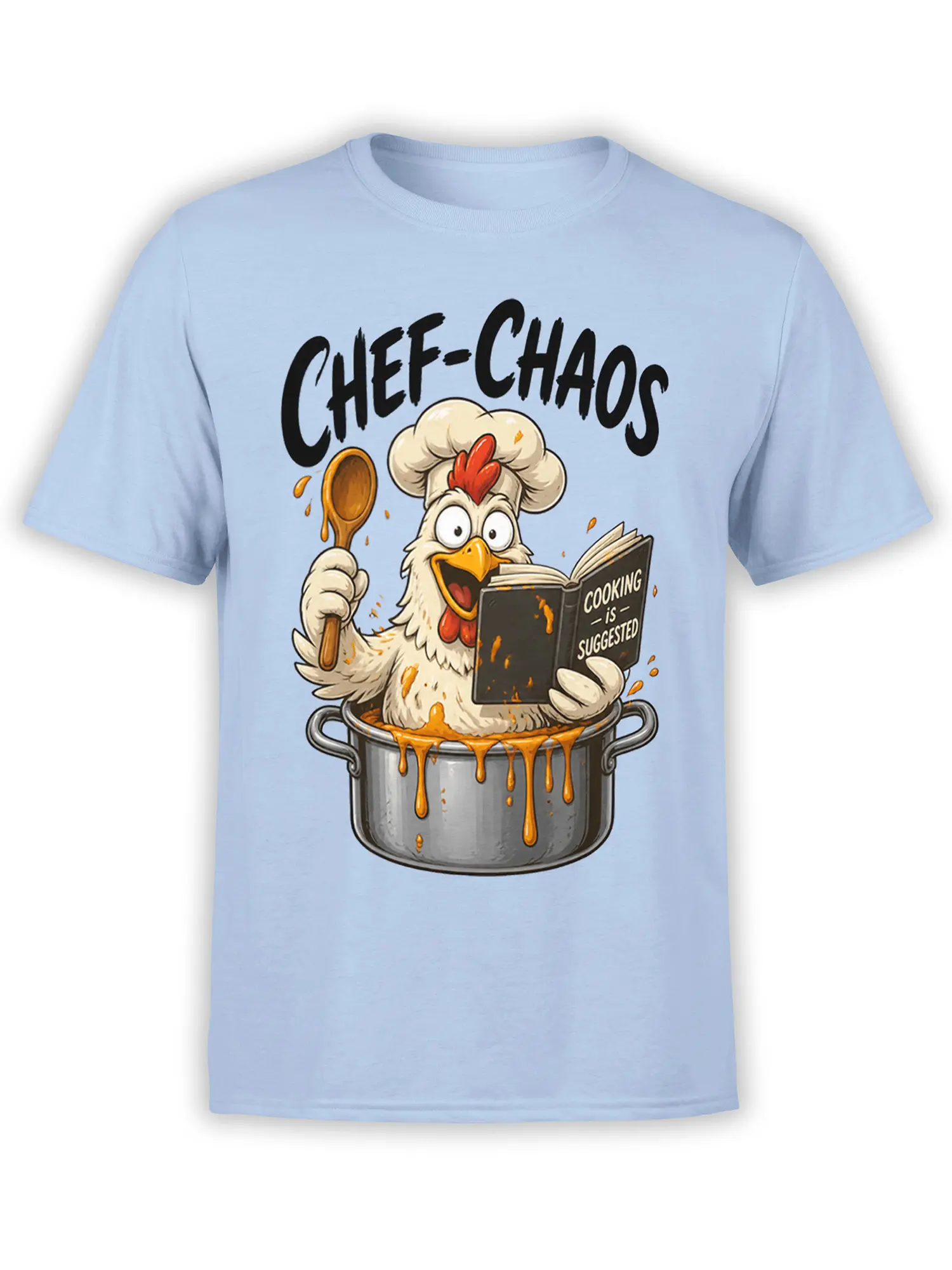Light blue chicken chef T-shirt with spoon, recipe book, cooking pot, and CHEF-CHAOS lettering