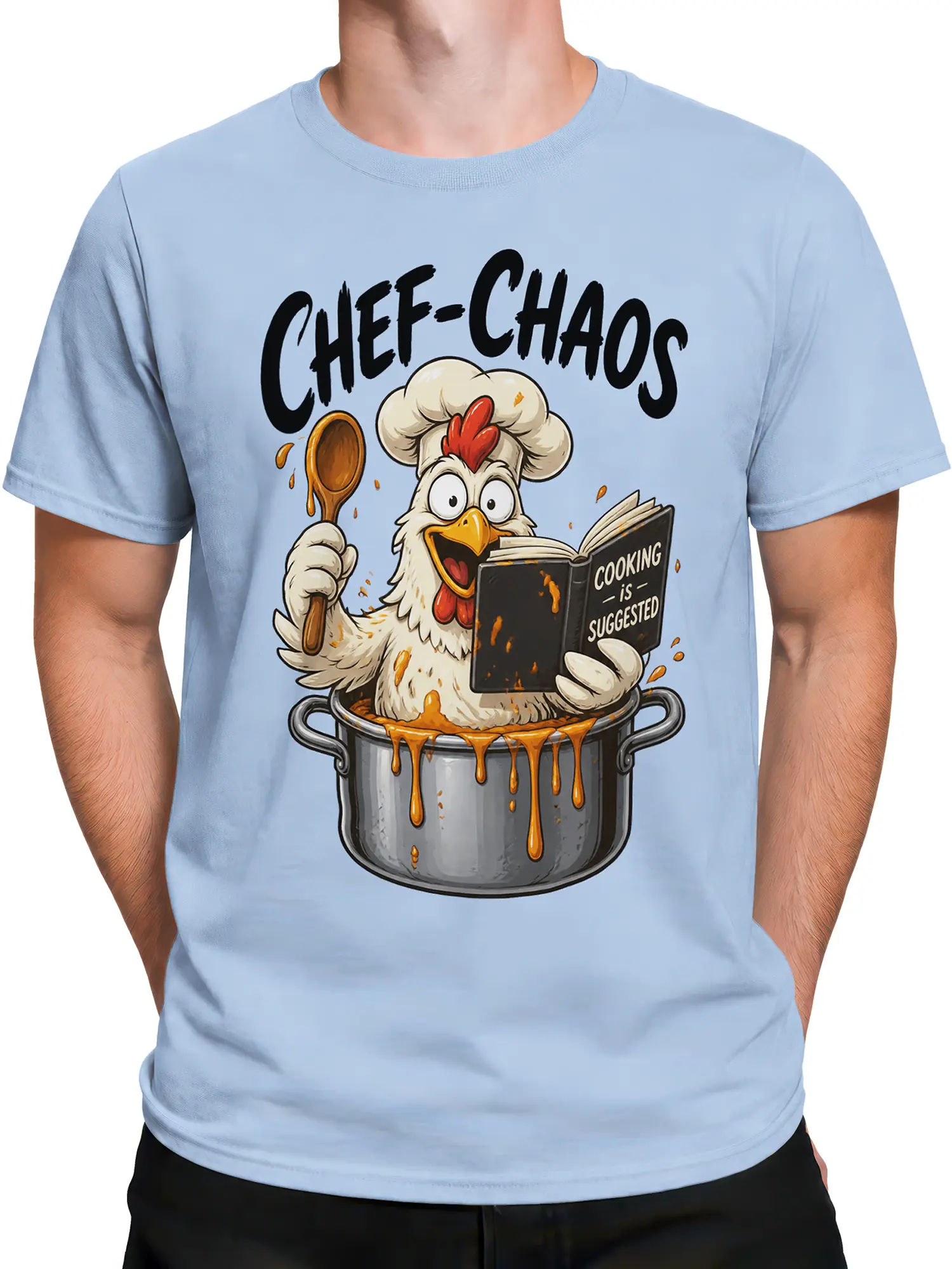 Male torso wearing a light blue chicken chef graphic tee with CHEF-CHAOS artwork and cooking pot illustration