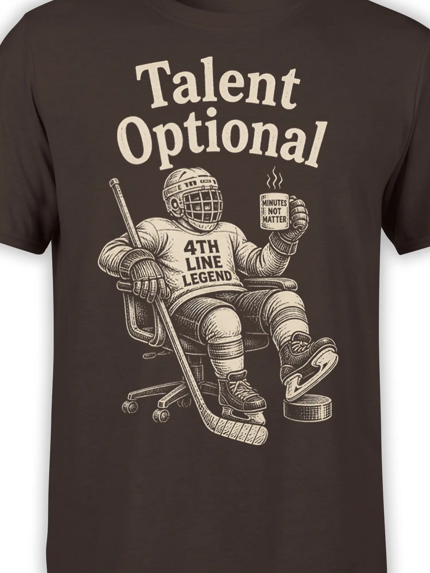 Close-up of brown hockey shirt artwork with a goalie, hockey gear, stick, puck, and Fourth Line Legend lettering