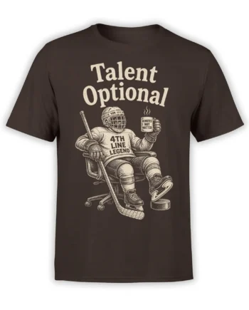 Brown hockey T-shirt with a vintage goalie seated in a chair, hockey stick, puck, and Talent Optional text