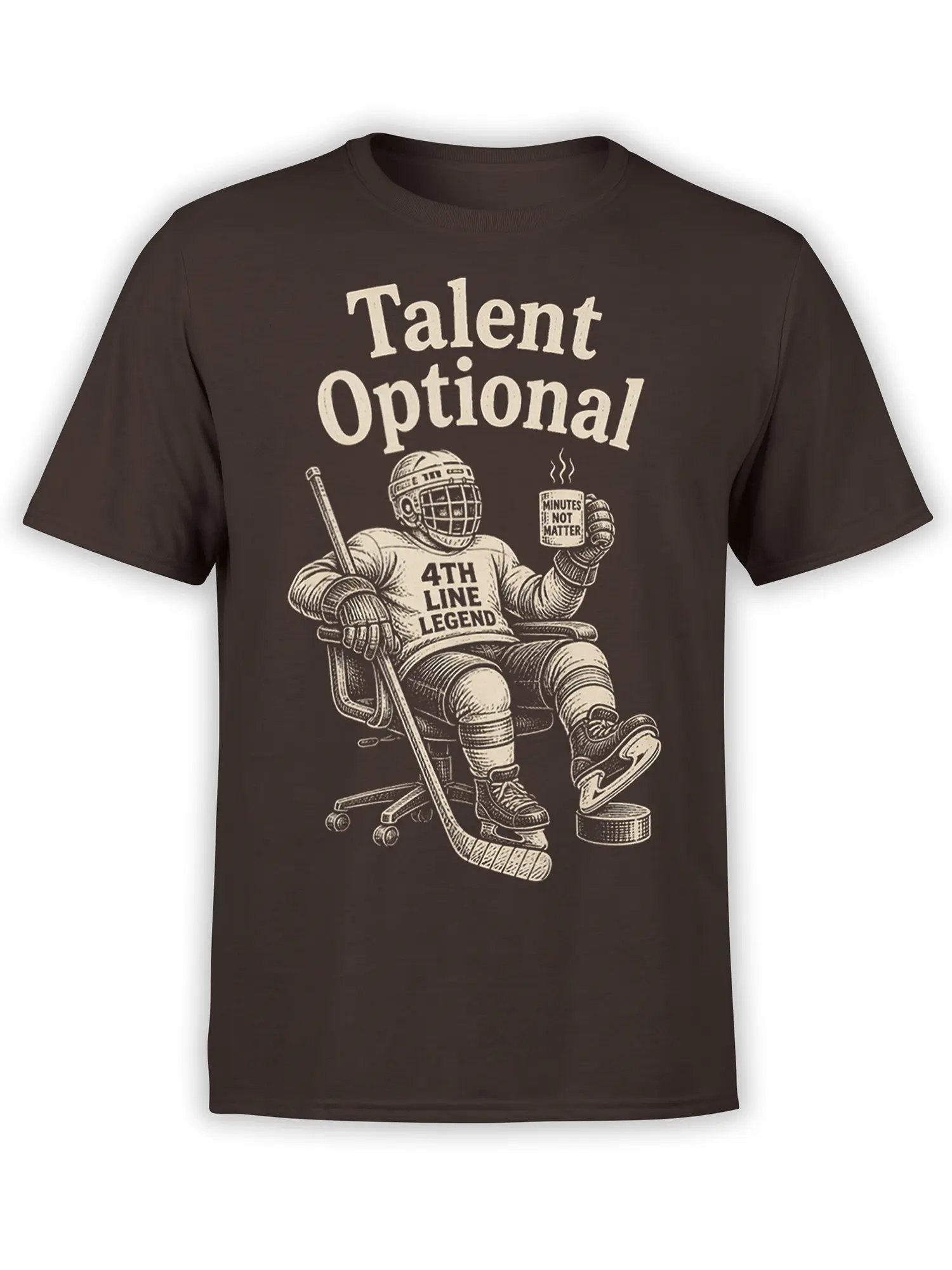 Brown hockey T-shirt with a vintage goalie seated in a chair, hockey stick, puck, and Talent Optional text