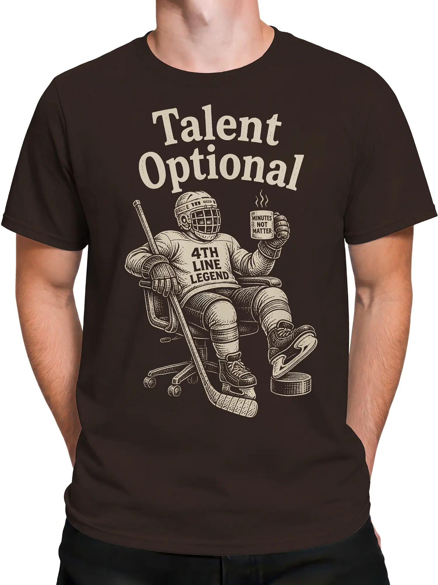 Male torso wearing a brown hockey T-shirt with a vintage goalie and Fourth Line Legend graphic