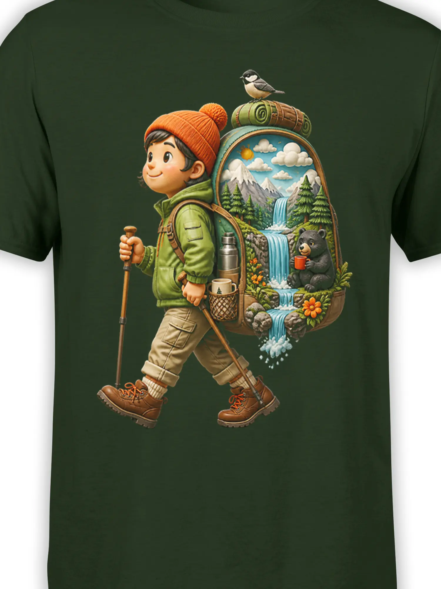 Close-up of young explorer hiking artwork with a waterfall backpack, mountain scene, bear, and bird on green fabric