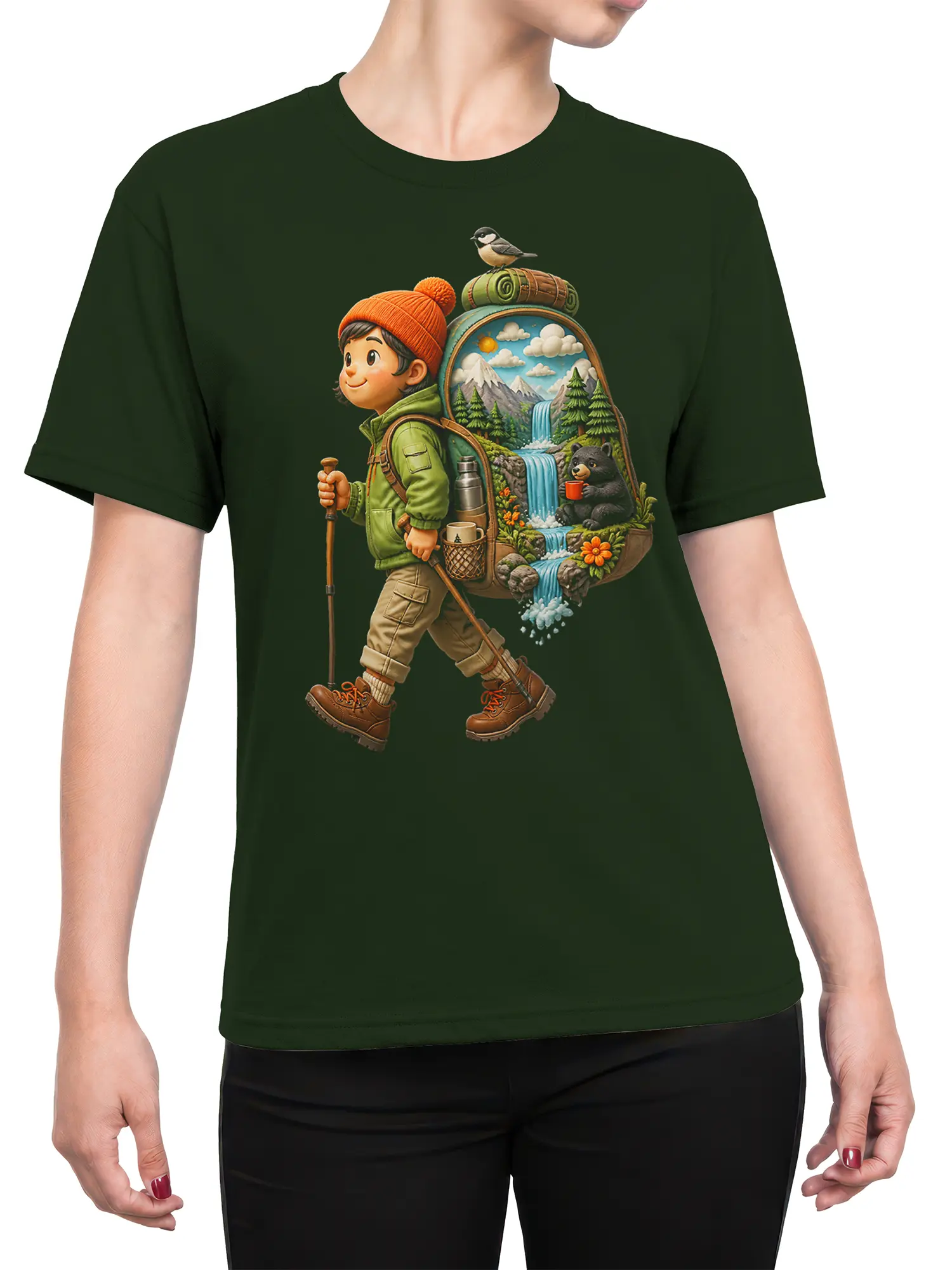 Female torso wearing a green hiking t-shirt with a young explorer, mountain backpack, waterfalls, bear, and bird design