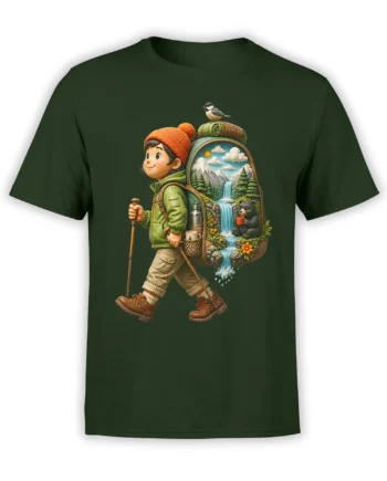 Green hiking t-shirt with a young explorer carrying a mountain backpack with waterfalls, pine trees, a bear, and a bird