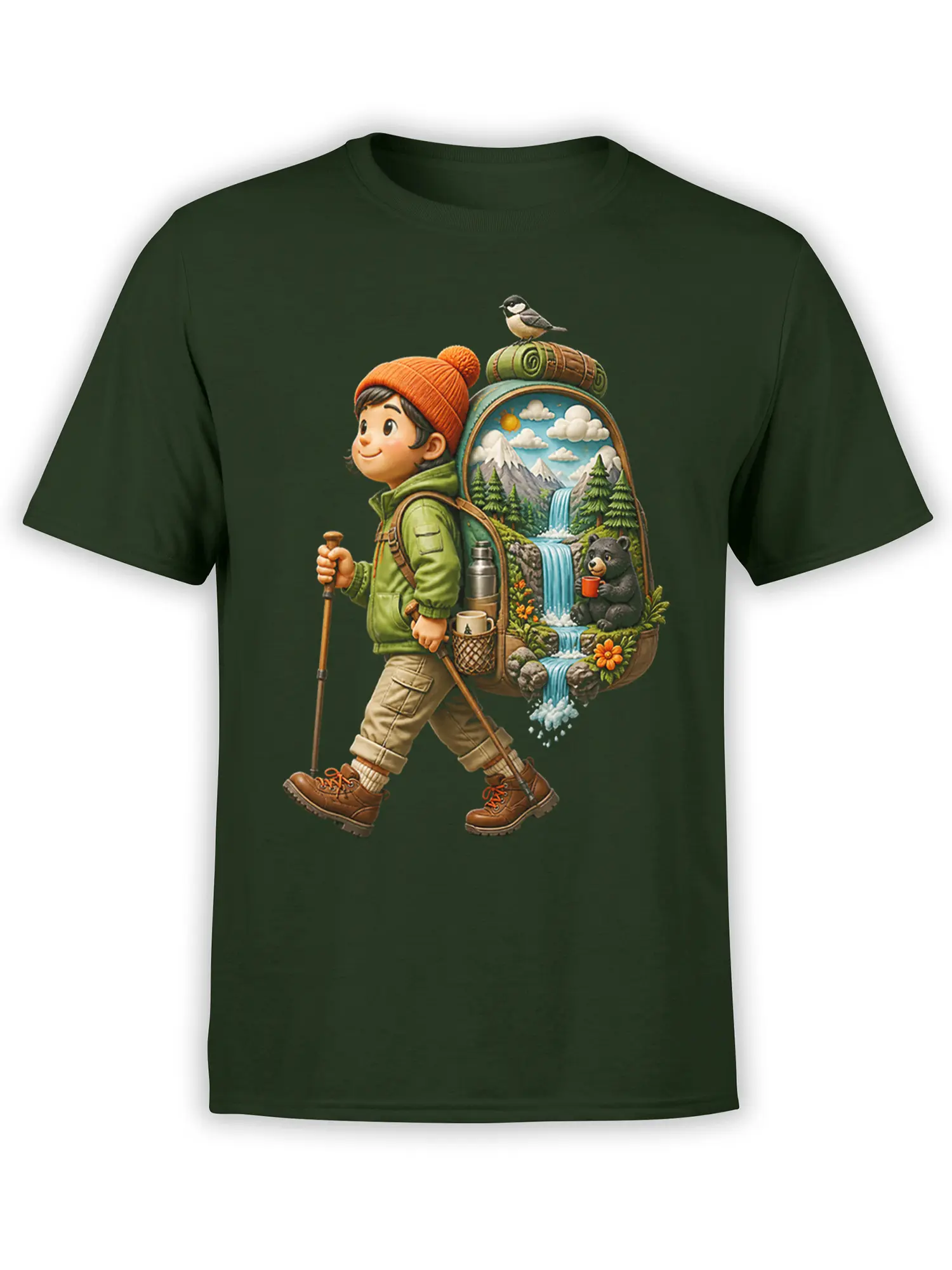 Green hiking t-shirt with a young explorer carrying a mountain backpack with waterfalls, pine trees, a bear, and a bird