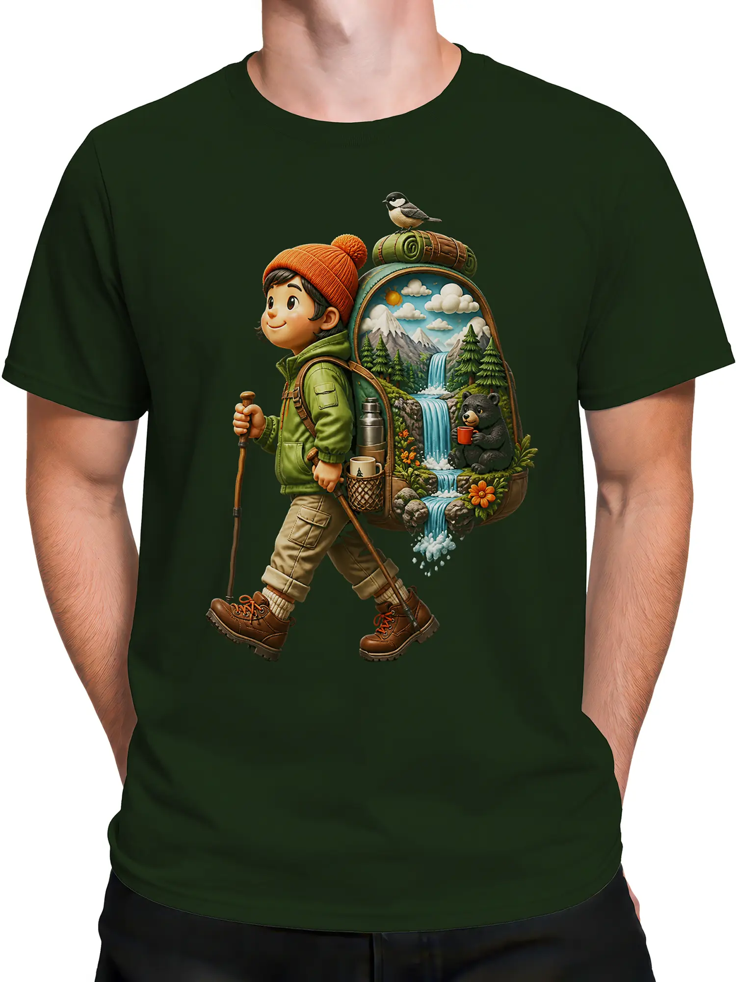 Male torso wearing a green outdoor t-shirt with a young explorer and detailed mountain backpack design