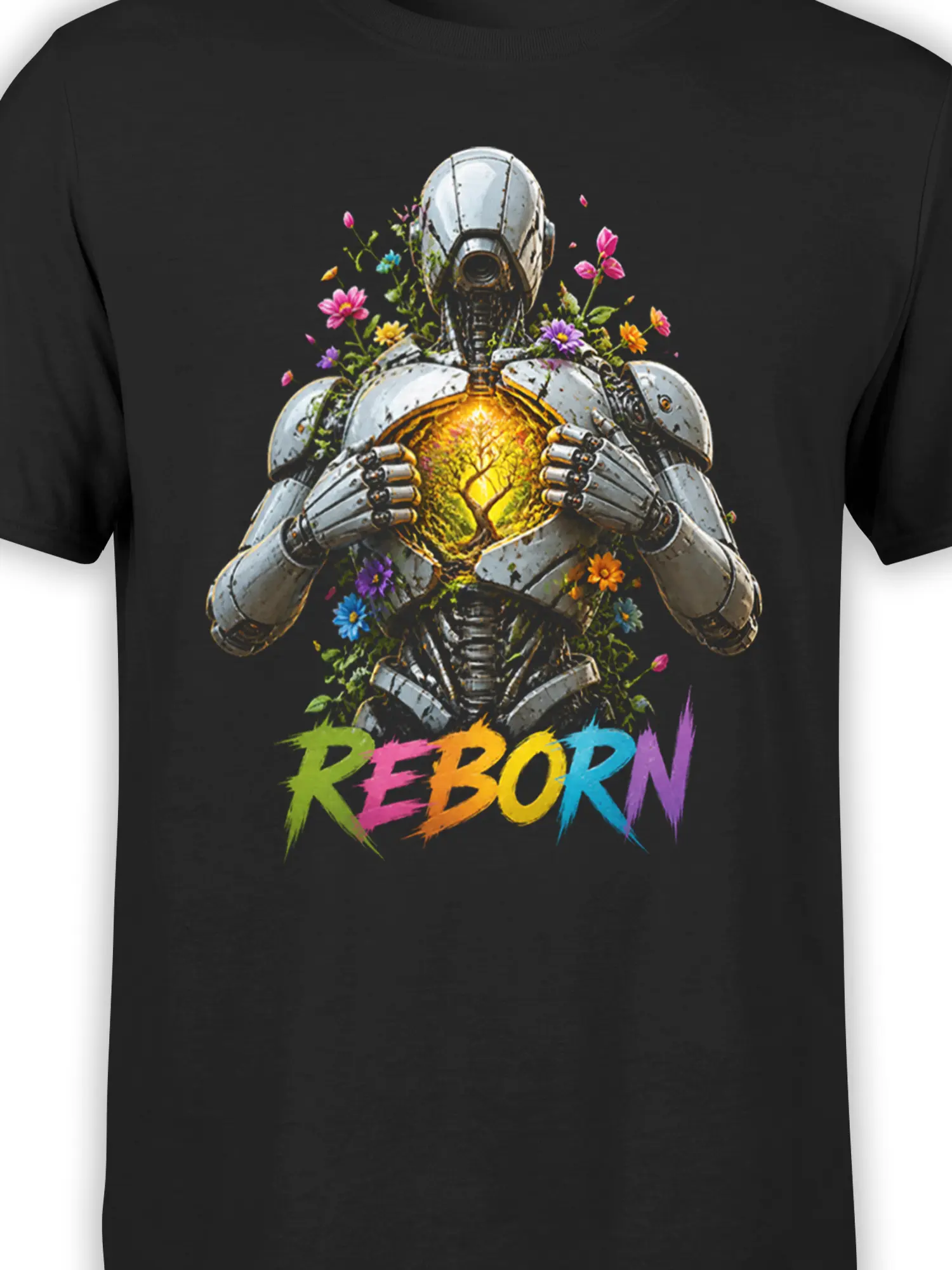 Close-up of the robot graphic with a glowing tree of life, colorful flowers, and Reborn lettering on black fabric