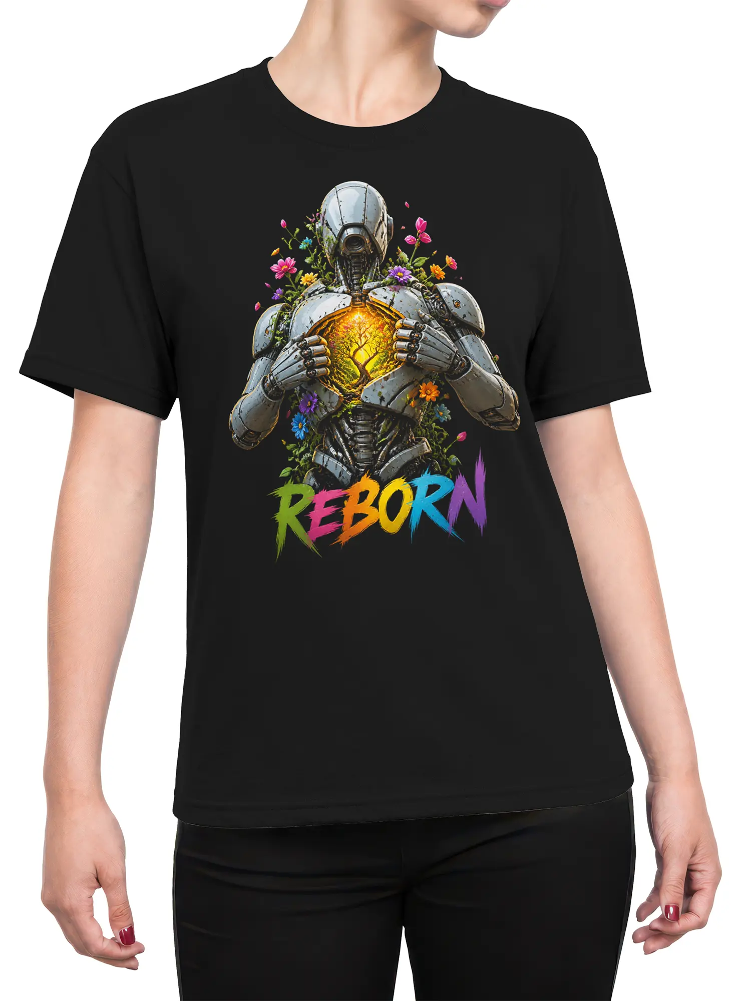 Female torso wearing a black T-shirt with a glowing tree robot graphic, colorful flowers, and Reborn lettering