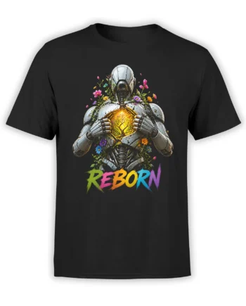 Black T-shirt with a weathered robot holding a glowing tree of life among colorful flowers and Reborn lettering