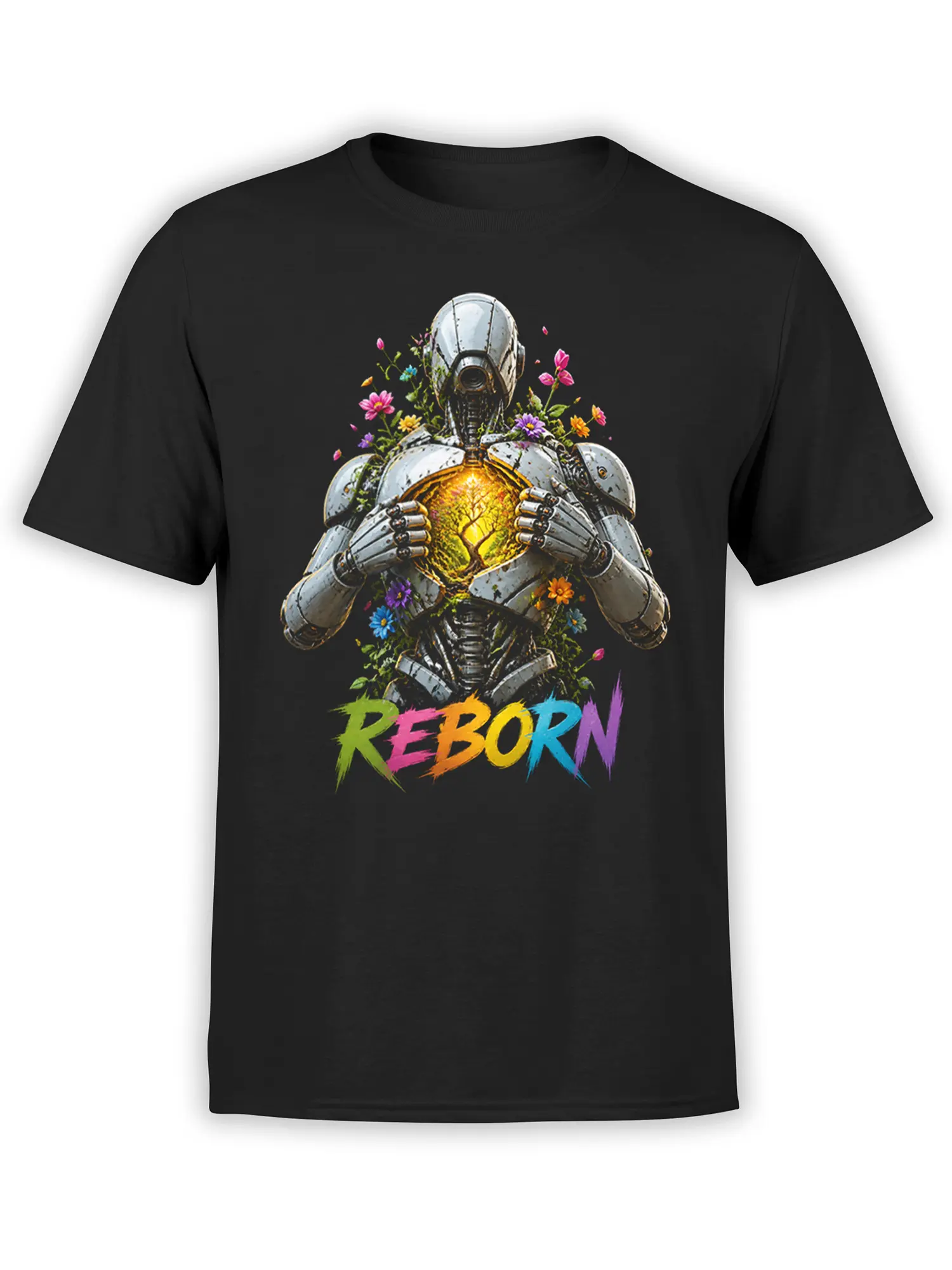 Black T-shirt with a weathered robot holding a glowing tree of life among colorful flowers and Reborn lettering