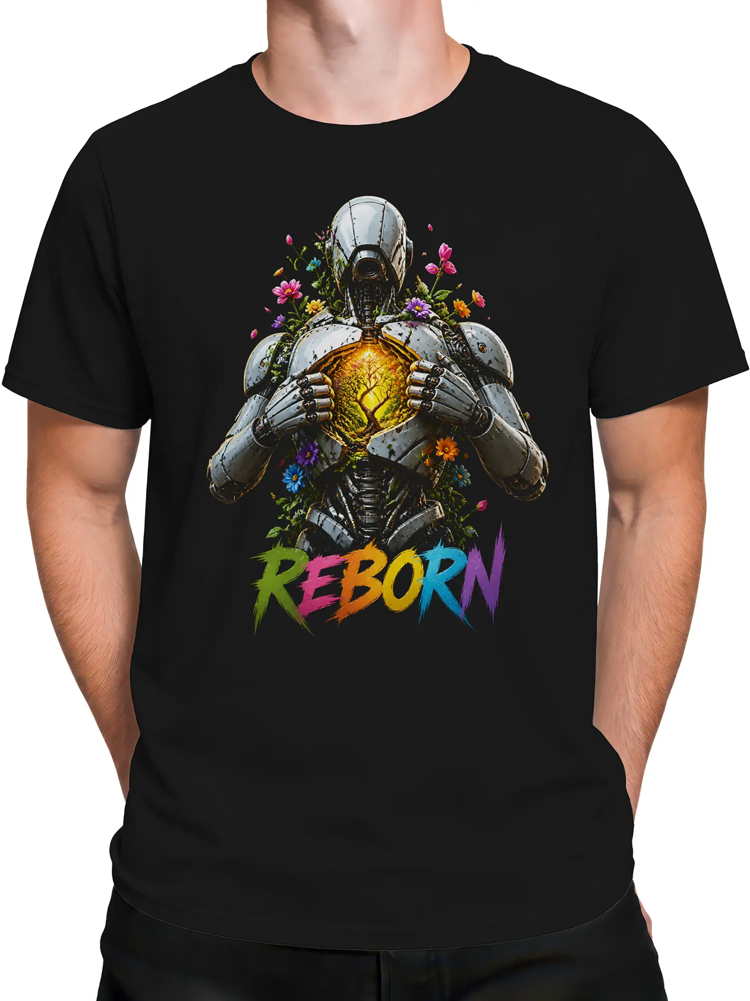 Male torso wearing a black T-shirt with a colorful robot, glowing tree, flowers, and Reborn graphic