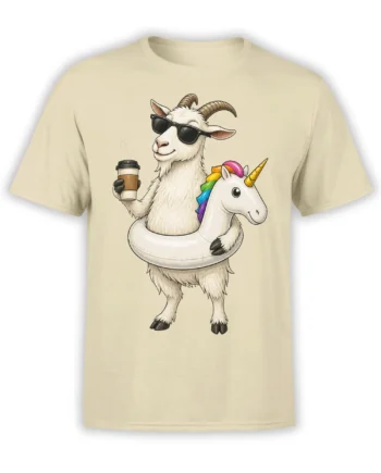Beige T-shirt featuring a goat in sunglasses holding coffee beside a rainbow-maned unicorn float