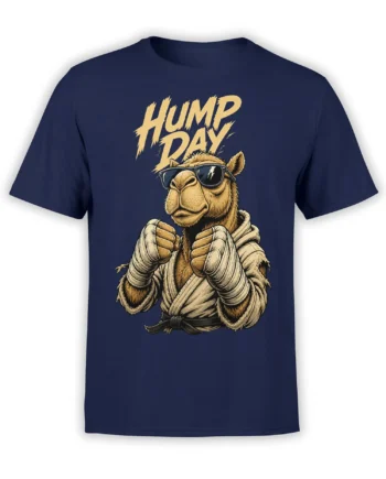 Funny Hump Day camel graphic on a navy T-shirt, featuring sunglasses, raised fists, and bold vintage lettering