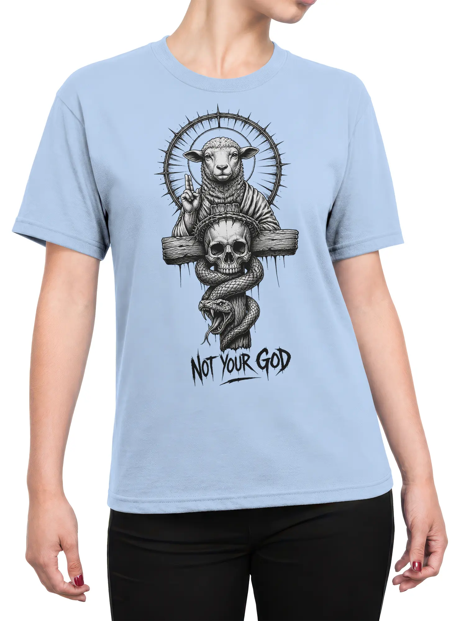 Female torso wearing a light blue T-shirt with a sheep, skull, snake, and thorn halo graphic