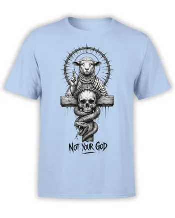 Light blue T-shirt with a thorn-halo sheep, skull, snake, and “Not Your God” graphic