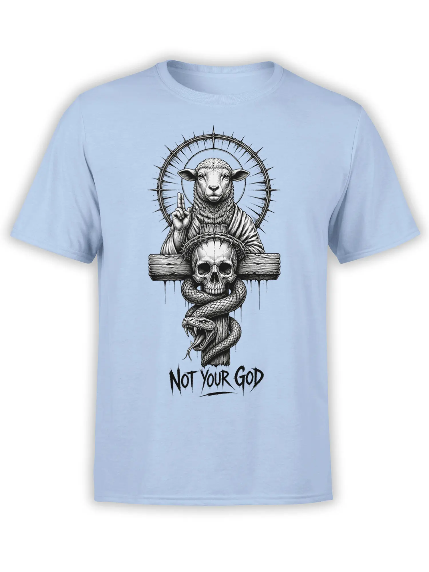 Light blue T-shirt with a thorn-halo sheep, skull, snake, and “Not Your God” graphic