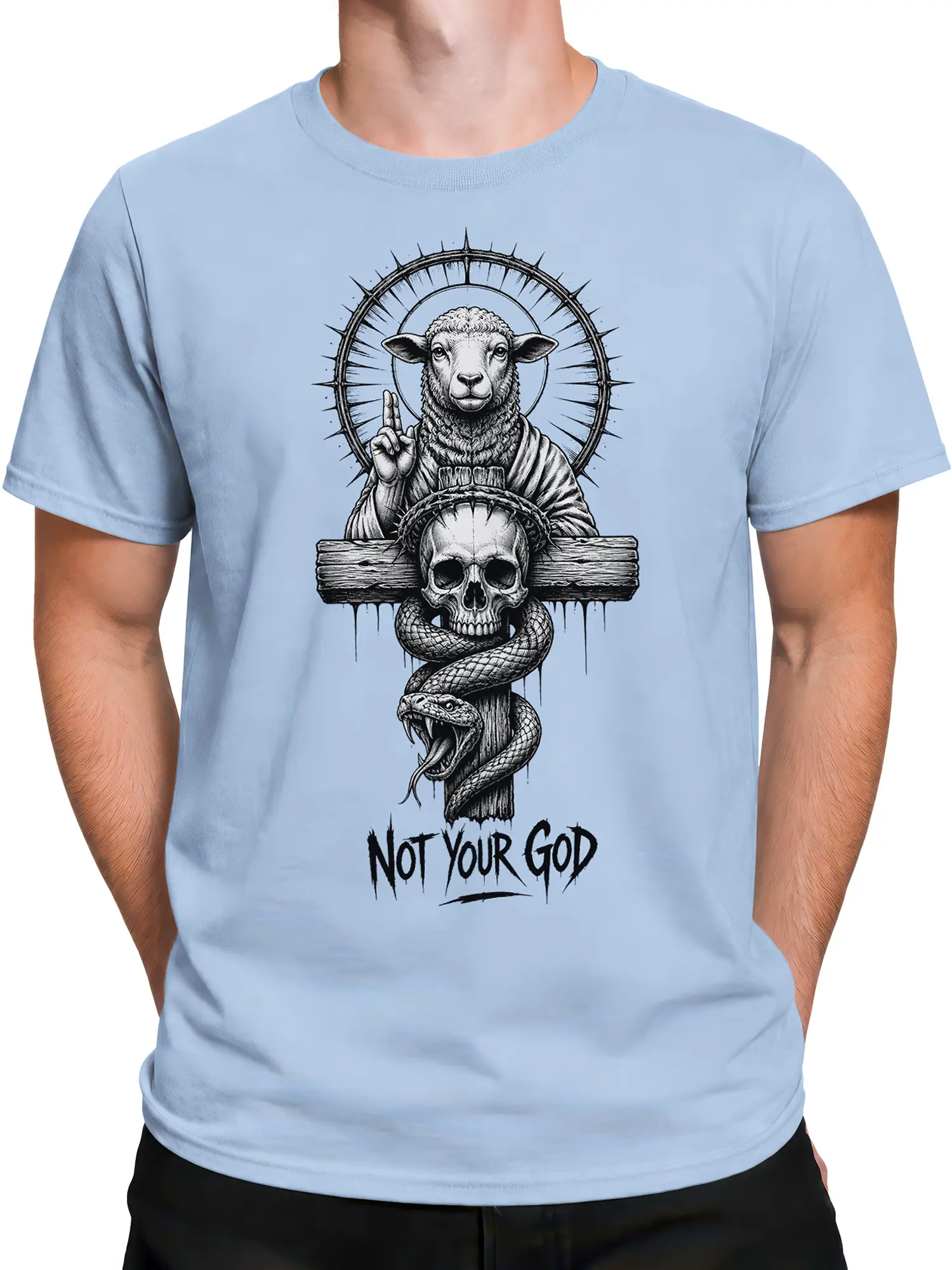 Male torso wearing a light blue religious graphic T-shirt with sheep, skull, snake, and halo artwork