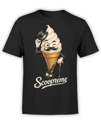 Black T-shirt with a dapper ice cream cone character wearing a top hat, monocle, mustache, and holding a cane