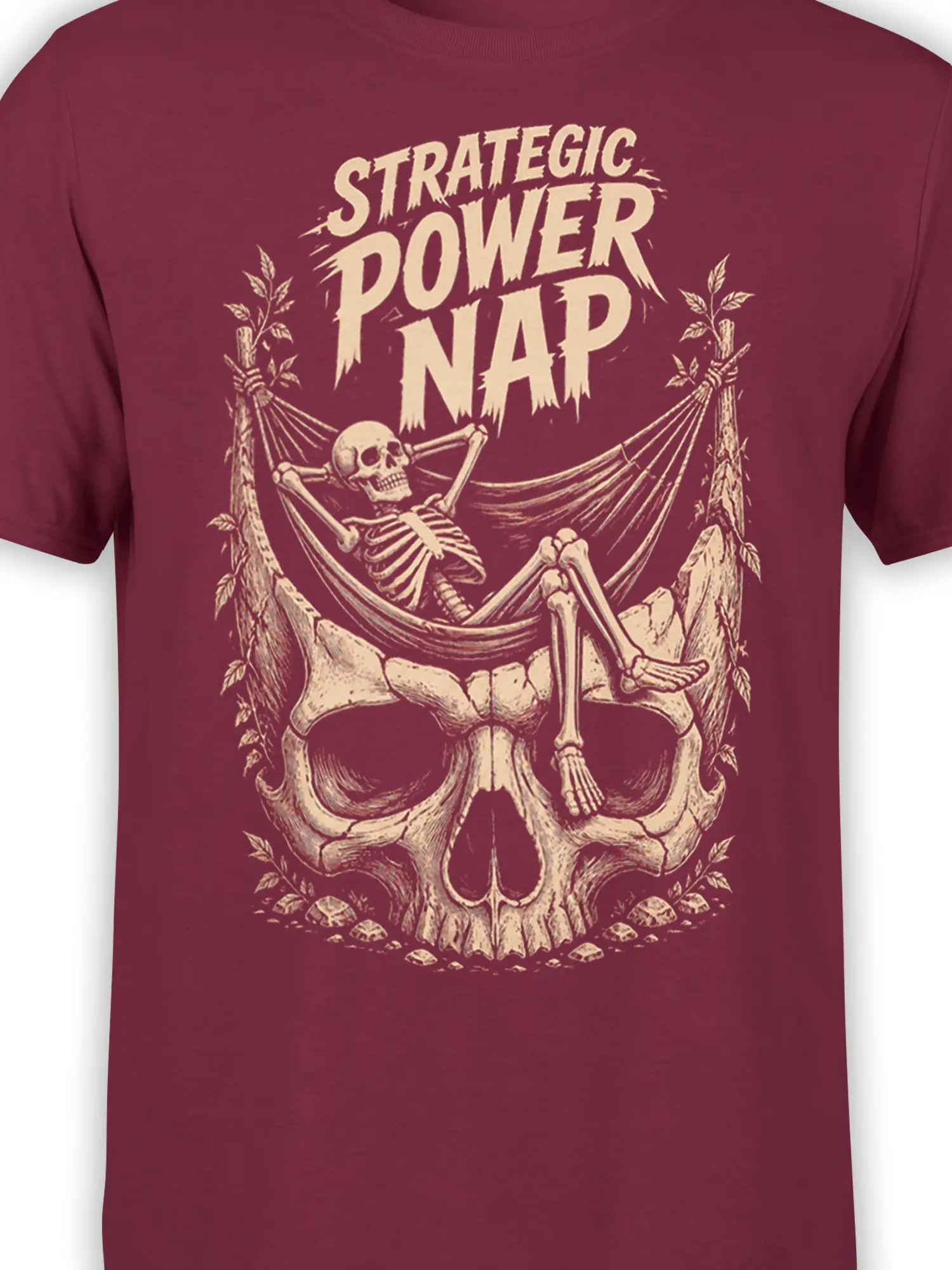 Close-up of skeleton hammock artwork and cream power nap lettering on a burgundy T-shirt