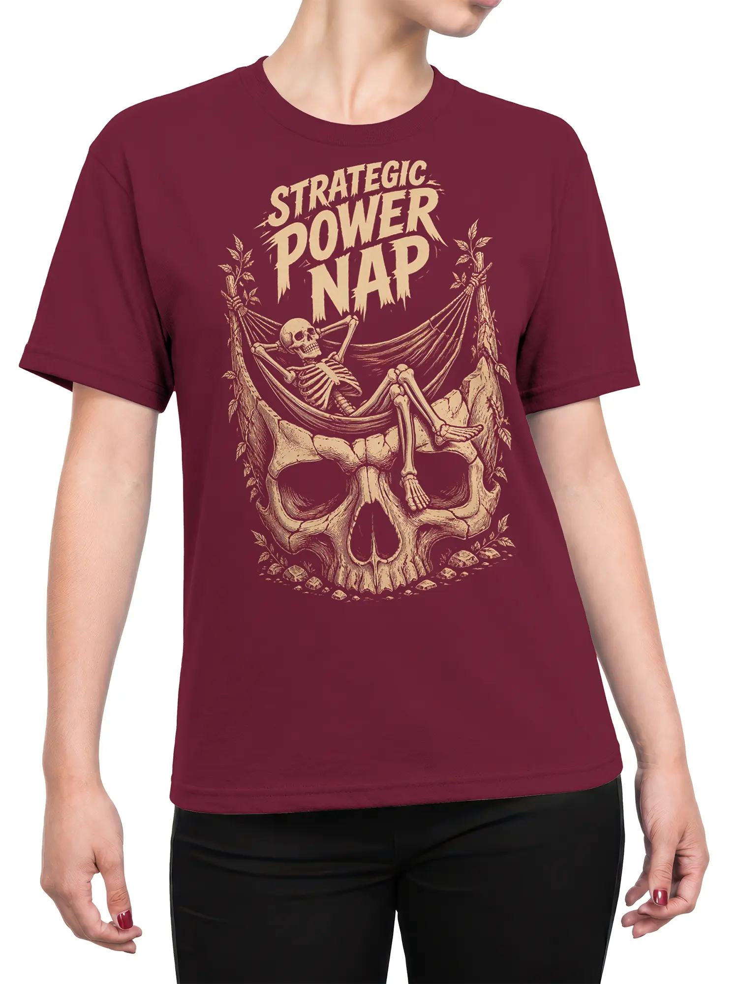 Female torso wearing a burgundy skeleton hammock T-shirt with strategic power nap artwork