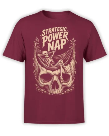 Burgundy skeleton power nap T-shirt with hammock artwork and cream vintage lettering