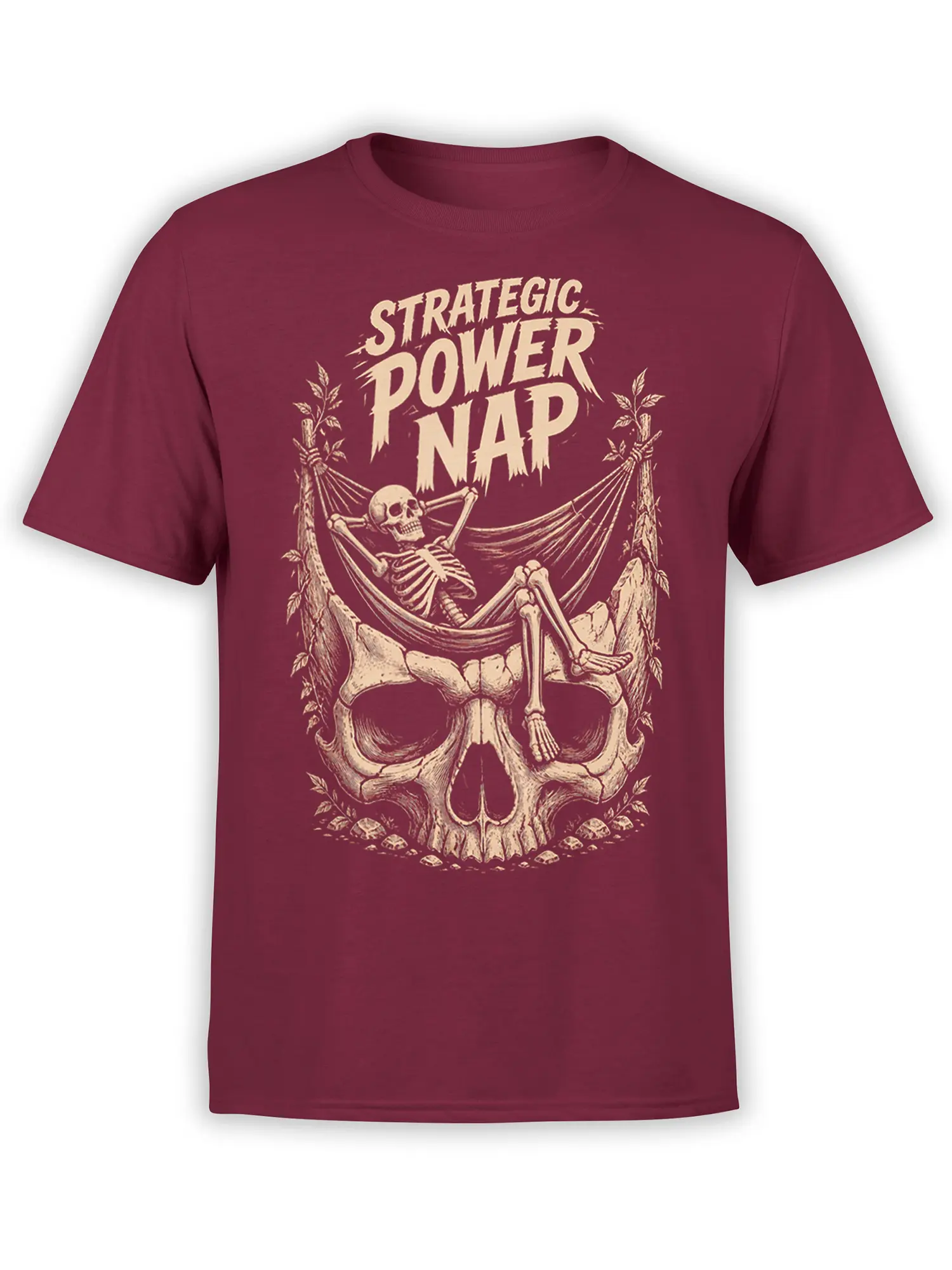 Burgundy skeleton power nap T-shirt with hammock artwork and cream vintage lettering