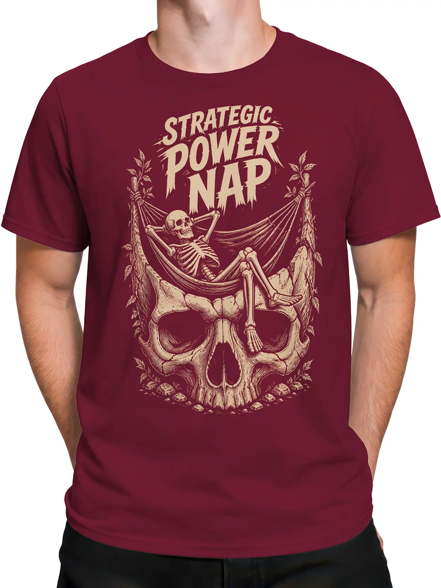 Male torso wearing a burgundy skeleton power nap T-shirt with vintage hammock artwork