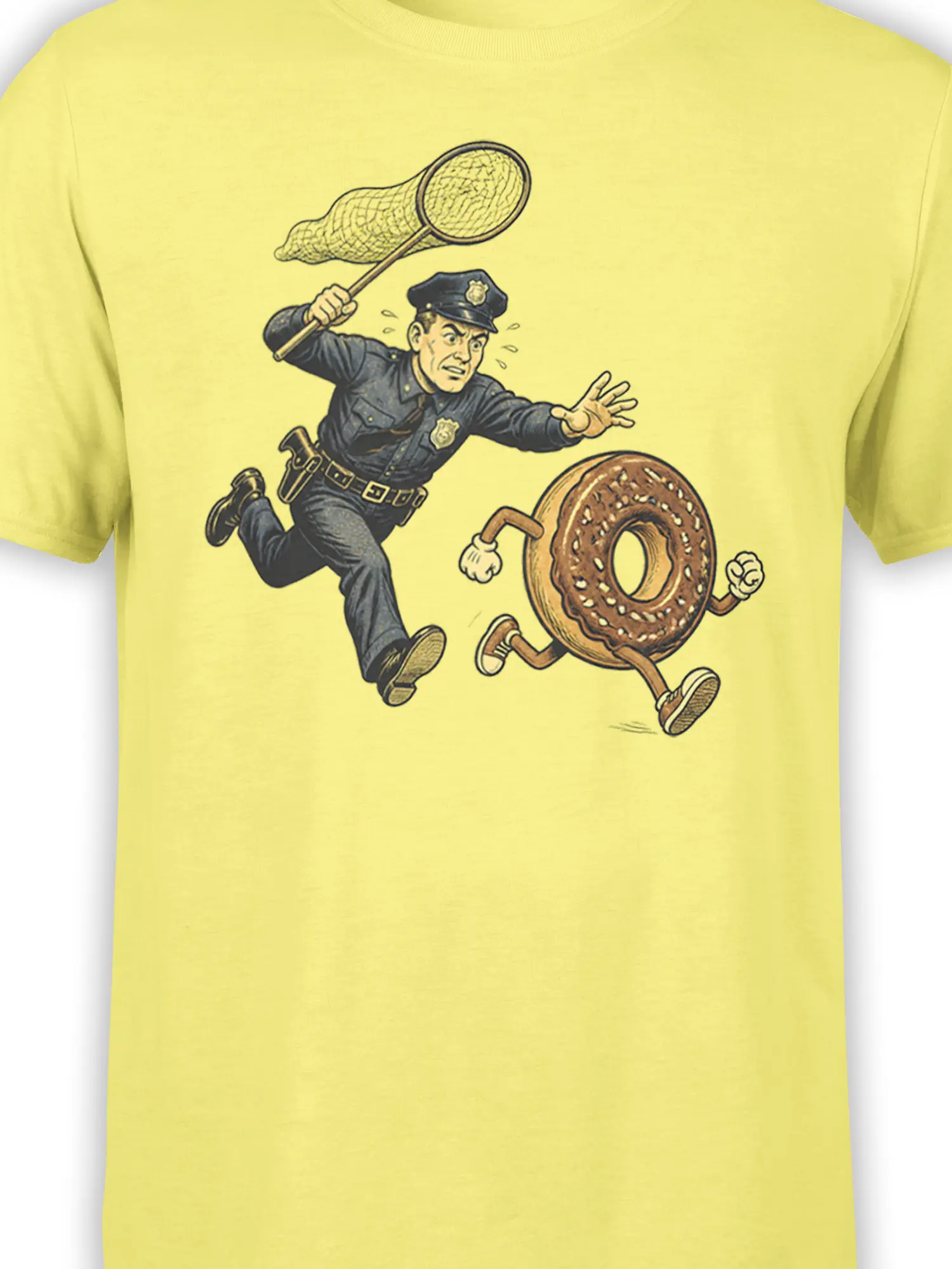 Close-up of police officer and running pretzel artwork on a yellow graphic T-shirt