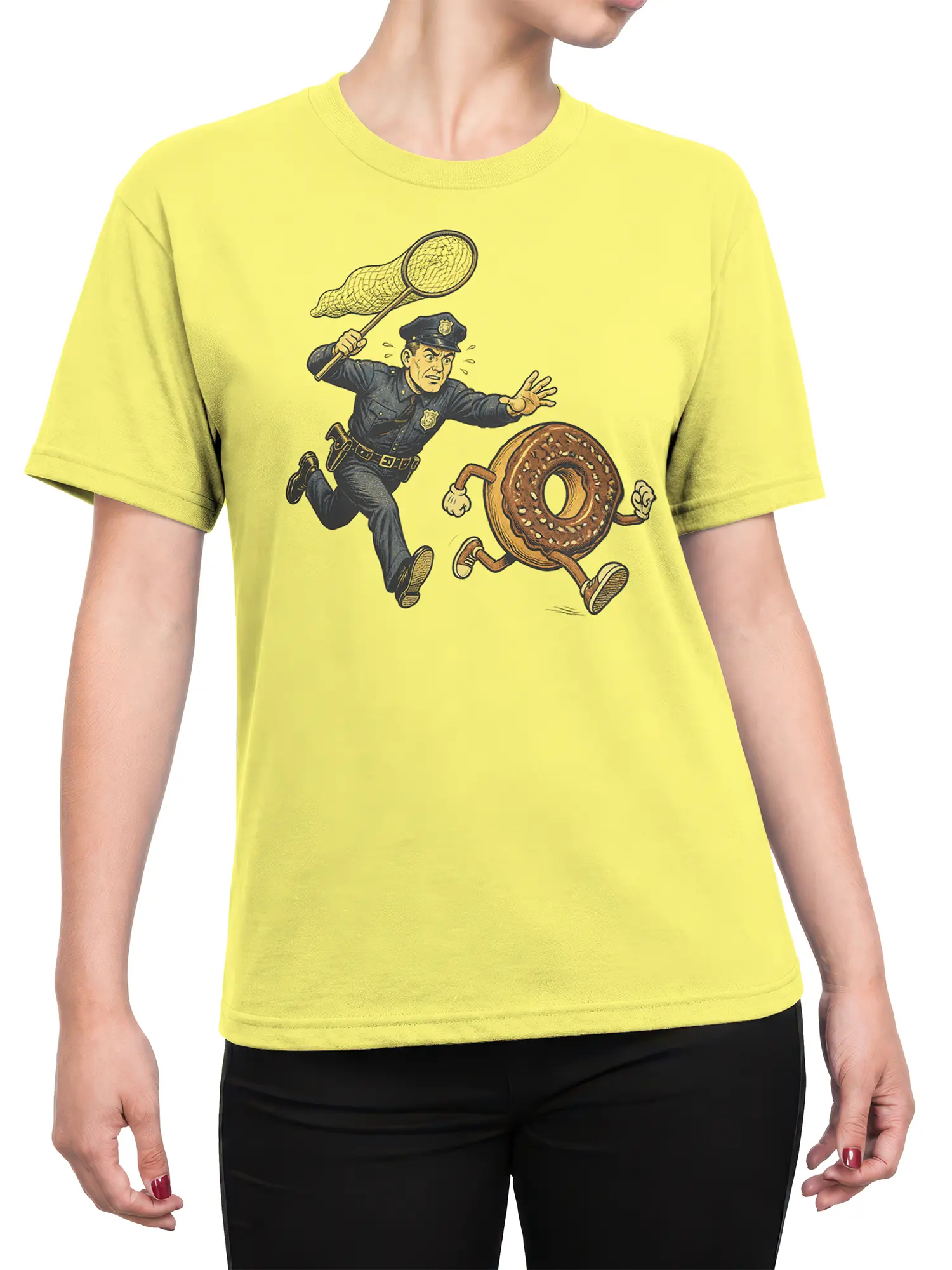 Female torso wearing a yellow T-shirt with a police officer chasing a pretzel