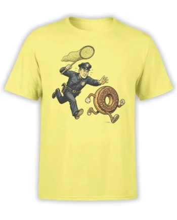 Yellow T-shirt with a vintage police officer chasing a running pretzel with a large net